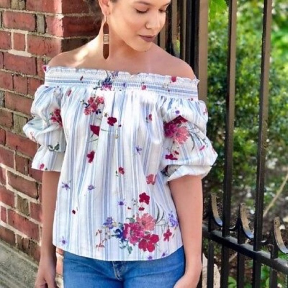 Zara Floral Off The Shoulder Stripped Boho Blouse - Picture 1 of 8